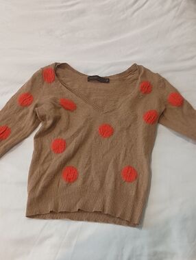 The Limited Tan Sweater with Red Polka Dots